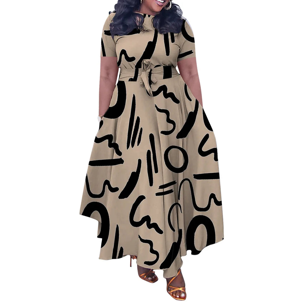 The  Curve Elegance Printed Belted A-Line Dress