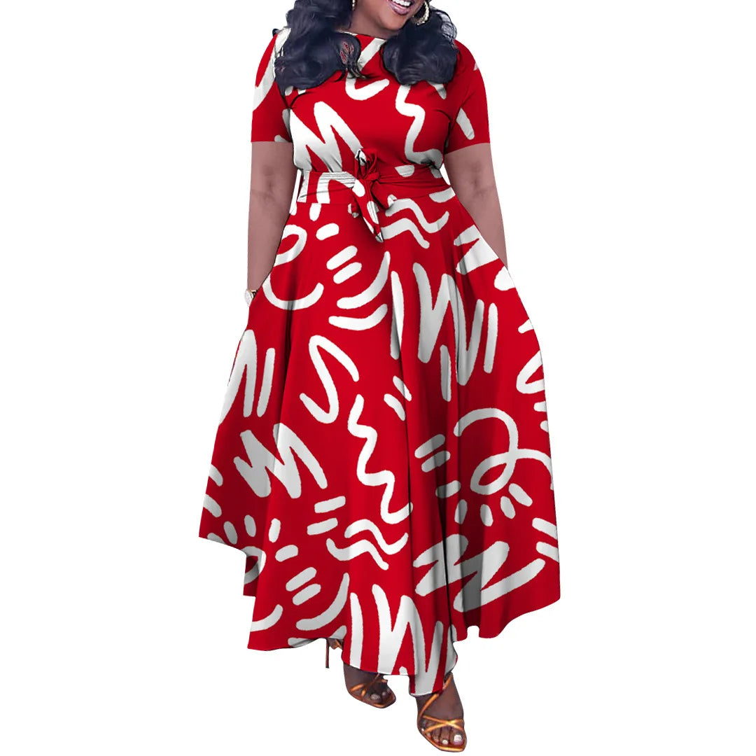 The  Curve Elegance Printed Belted A-Line Dress