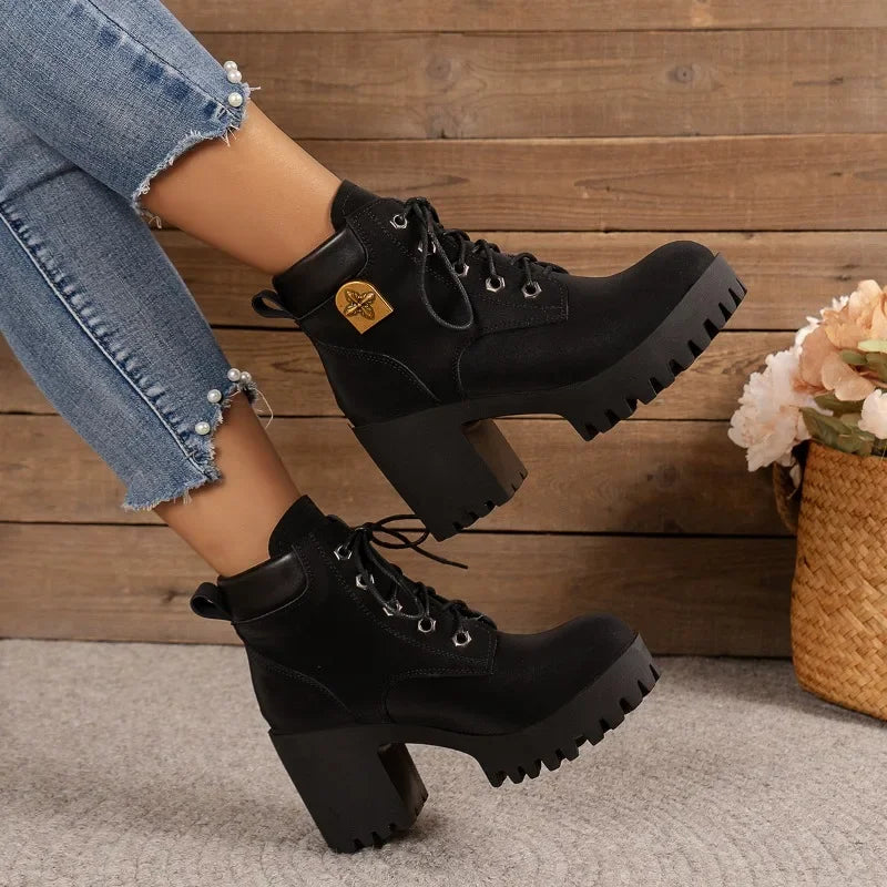 platform winter new Women Heels Boots High Quality Lace-up Fashion Designer Shoes Casual Comfortable Heels Boots Shoes for Women