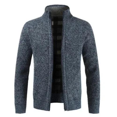 Men’s Burgundy Full-Zip Knit Cardigan with Plaid Trim | BLOOMYX