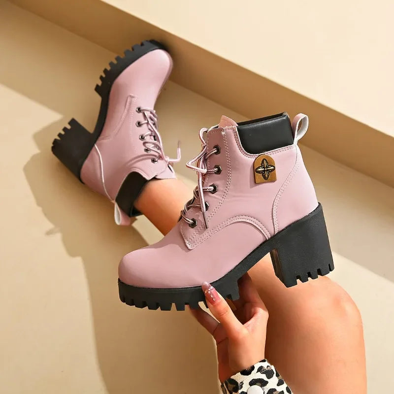 platform winter new Women Heels Boots High Quality Lace-up Fashion Designer Shoes Casual Comfortable Heels Boots Shoes for Women