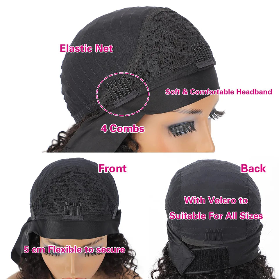 Brown Curly Headband Wig Human Hair Glueless Pixie Cut Wear And Go Elastic Band Natural Soft Curls for Women Daily Use