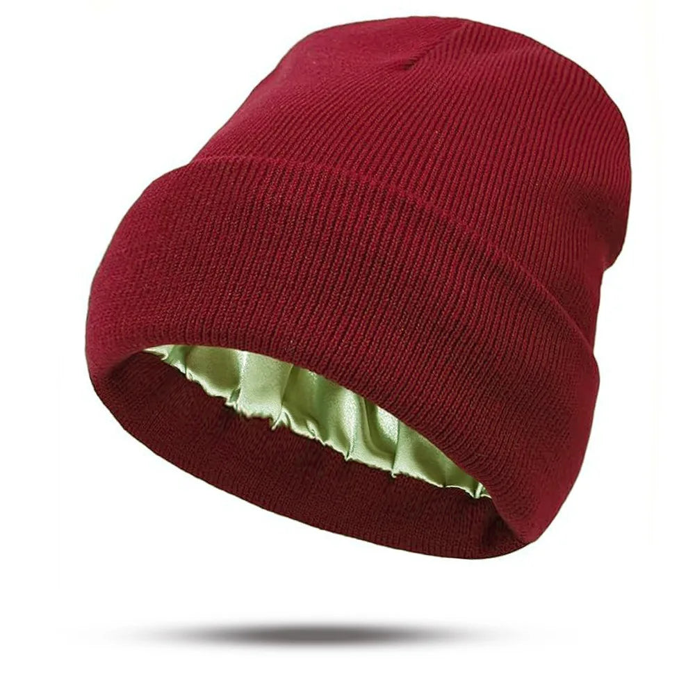 Women's Hats for Autumn&Winter-Comfortable Stylish Versatile Warm-Keeping Hairstyle-Protecting Knitted Satin Woolen Hats