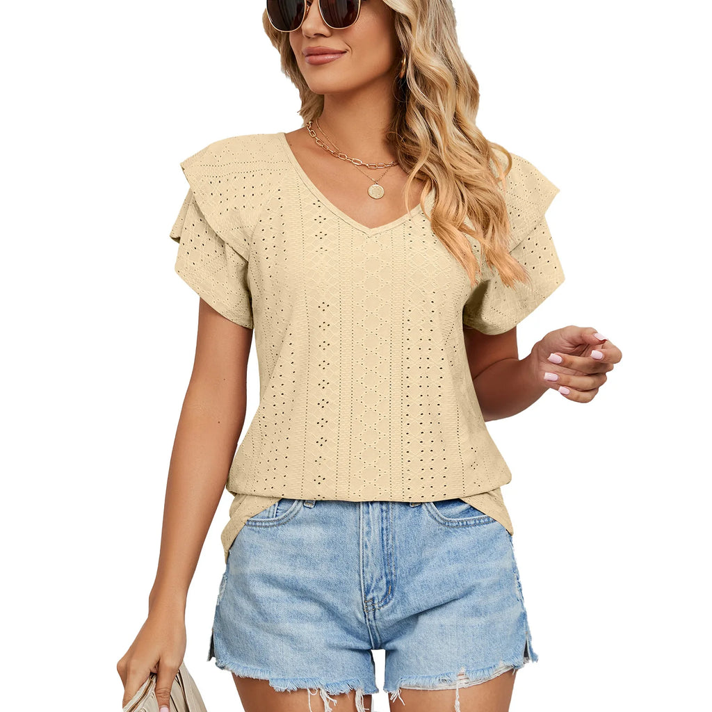 Loose Women's Short Sleeve T-Shirt V-Neck Pure Color Double Layer Sleeve Spring Summer New Style Casual Comfortable Top
