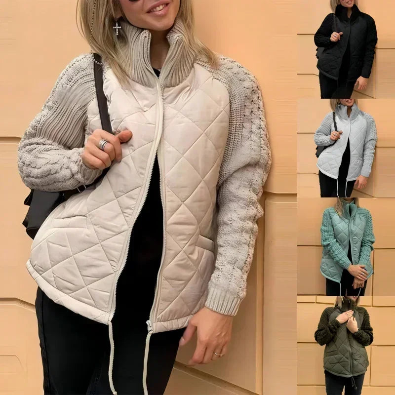 Women Knit Patchwork Puffy Jacket Zipper Stand Collar Cardigan Coat Outwear Long Sleeved Cotton-padded Casual Solid Color Parkas