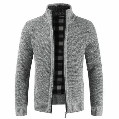 Men’s Burgundy Full-Zip Knit Cardigan with Plaid Trim | BLOOMYX