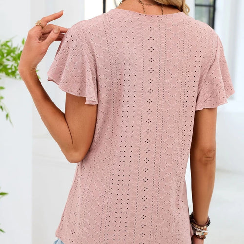 Elegant Eyelet Ruffle-Sleeve V-Neck Blouse