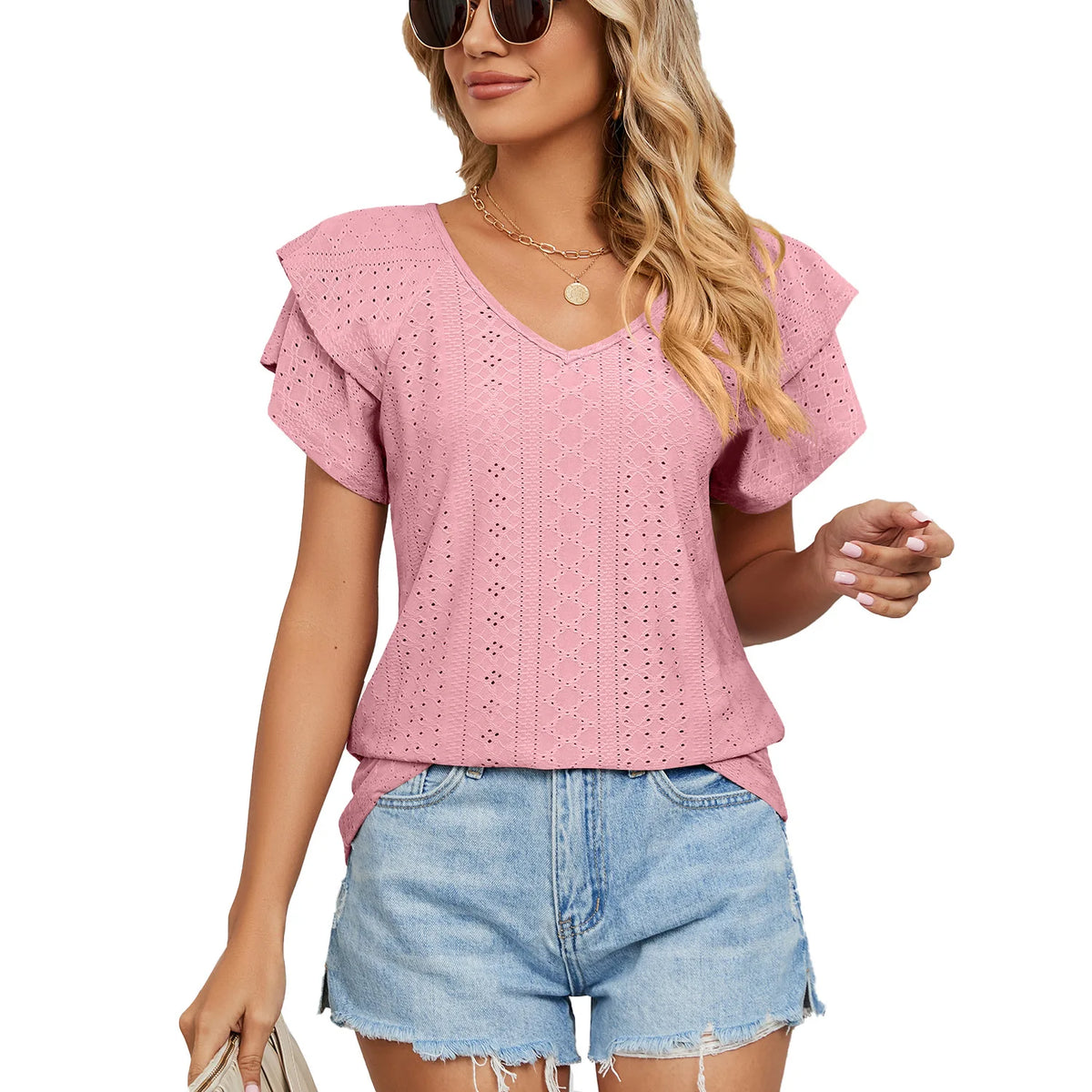 Loose Women's Short Sleeve T-Shirt V-Neck Pure Color Double Layer Sleeve Spring Summer New Style Casual Comfortable Top