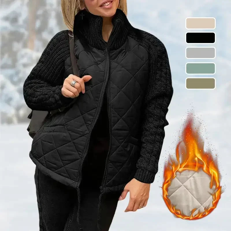 Women Knit Patchwork Puffy Jacket Zipper Stand Collar Cardigan Coat Outwear Long Sleeved Cotton-padded Casual Solid Color Parkas