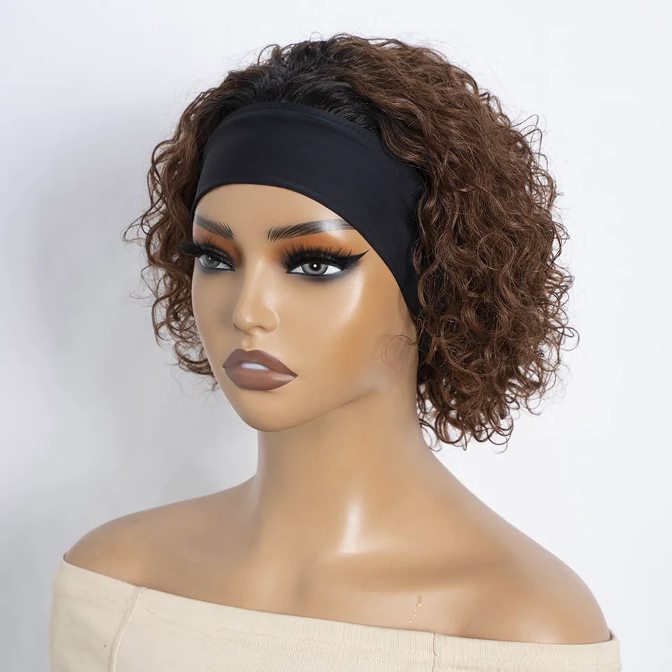 Brown Curly Headband Wig Human Hair Glueless Pixie Cut Wear And Go Elastic Band Natural Soft Curls for Women Daily Use