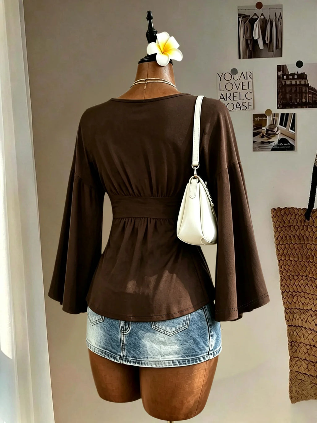Women Deep V Neck Bell Sleeve Blouse Empire Waist Ruched Peplum Top Loose Fit Casual Flowy Shirt Daily Outfit