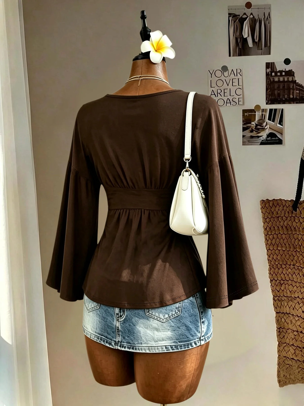Women Deep V Neck Bell Sleeve Blouse Empire Waist Ruched Peplum Top Loose Fit Casual Flowy Shirt Daily Outfit