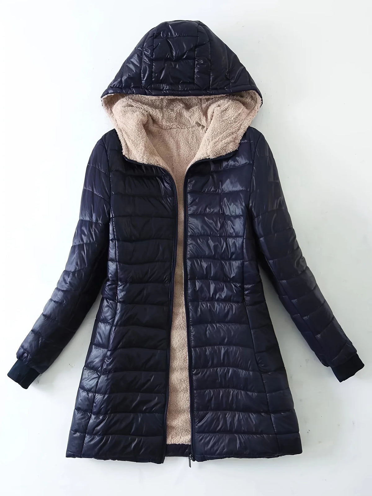 Autumn and Winter New Mid Autumn Long Hooded Cotton Jacket with Fleece for Warmth, Women's Coat