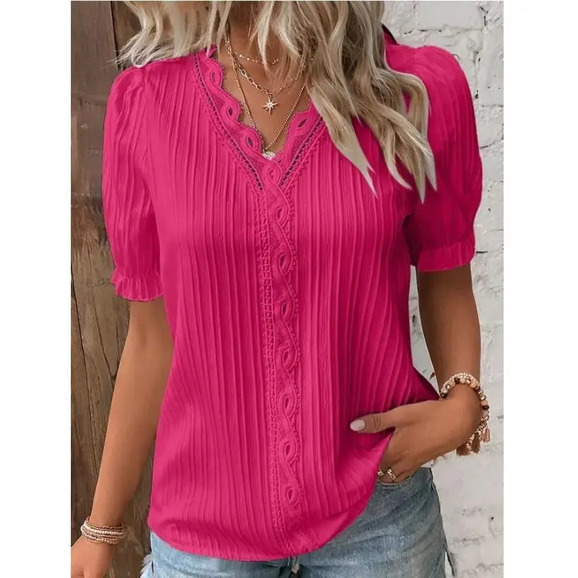 Elegant Lace-Trim V-Neck Pleated Blouse