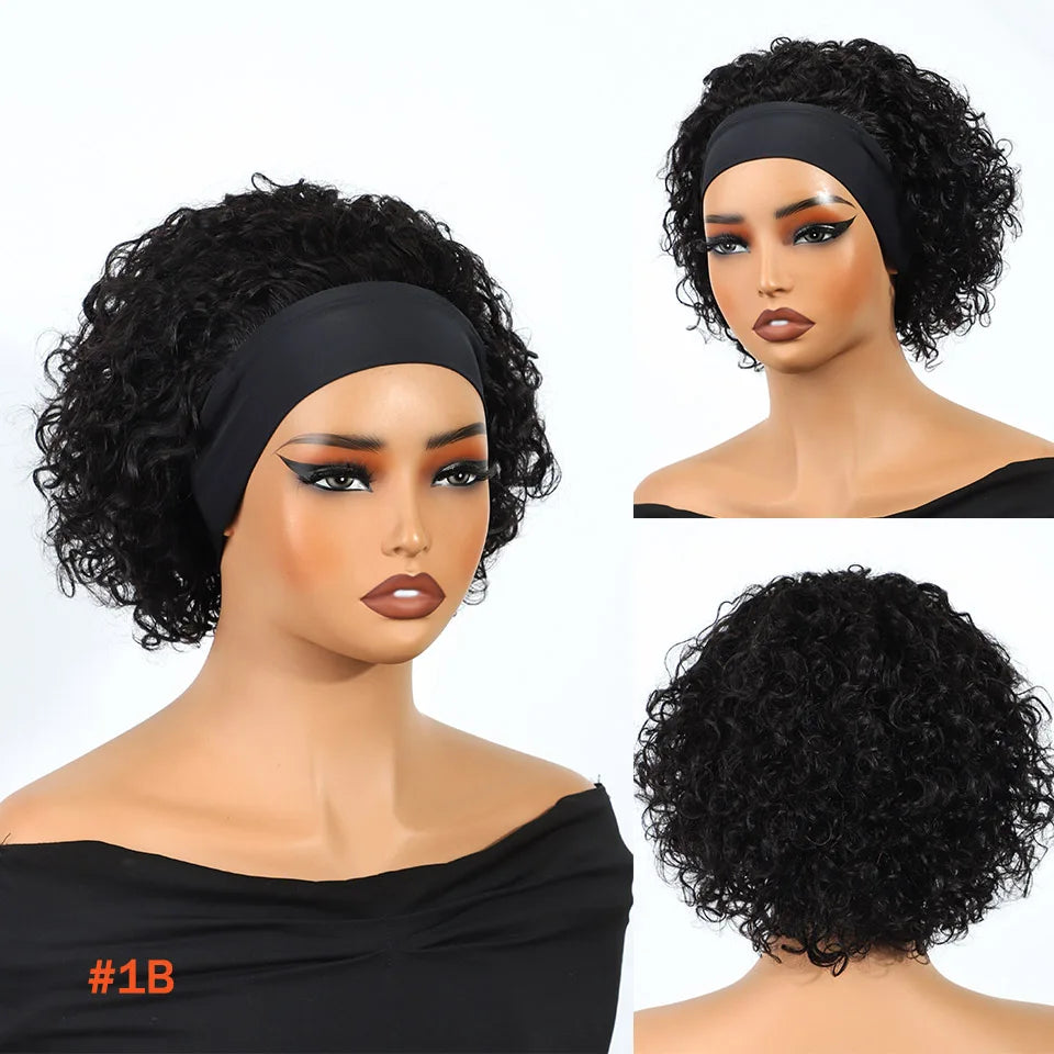 Brown Curly Headband Wig Human Hair Glueless Pixie Cut Wear And Go Elastic Band Natural Soft Curls for Women Daily Use