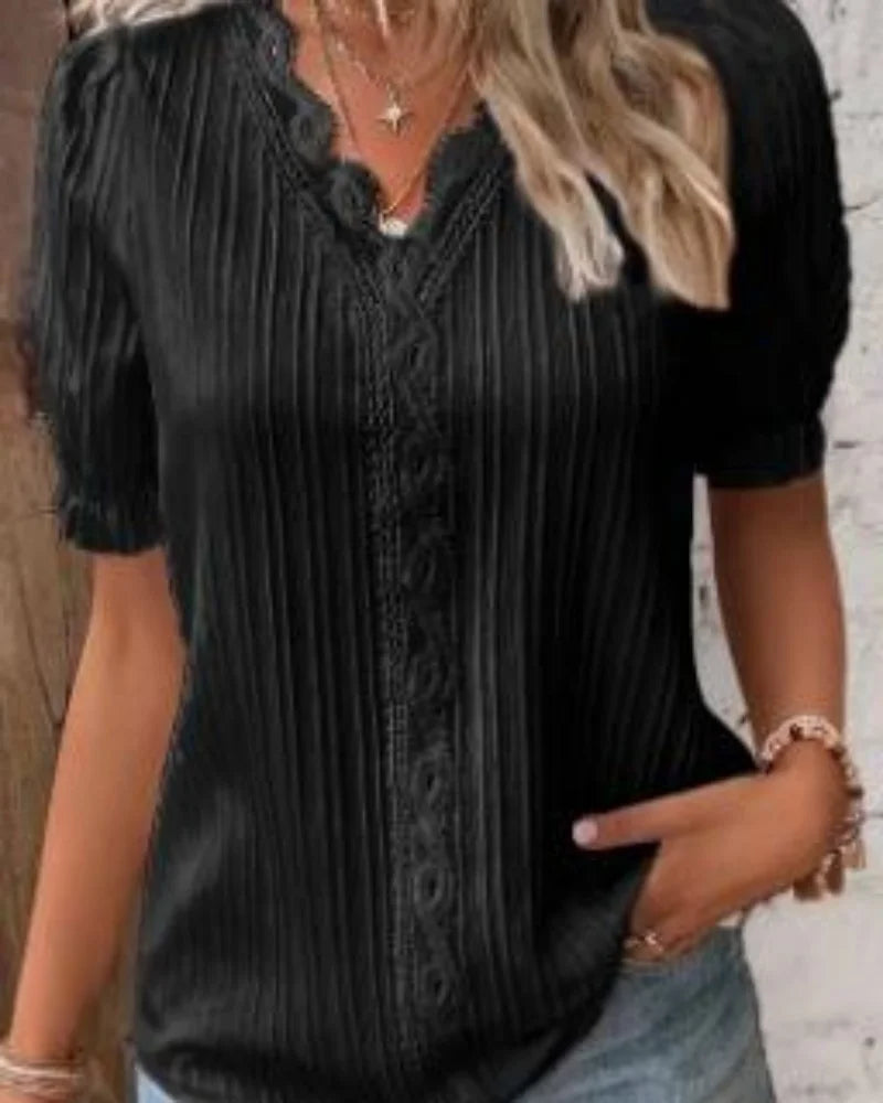 Elegant Lace-Trim V-Neck Pleated Blouse