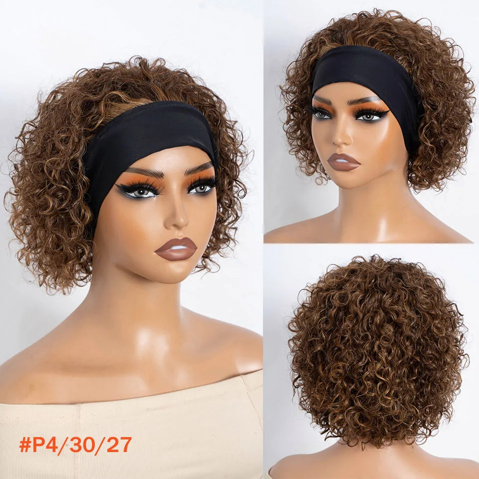 Brown Curly Headband Wig Human Hair Glueless Pixie Cut Wear And Go Elastic Band Natural Soft Curls for Women Daily Use