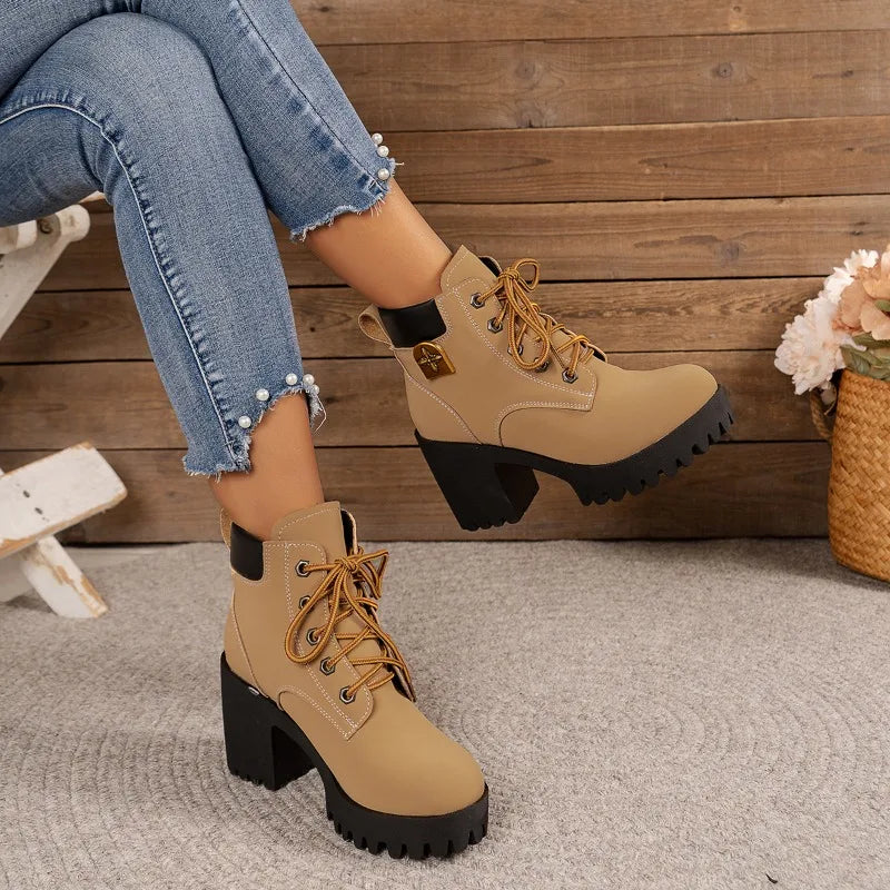 platform winter new Women Heels Boots High Quality Lace-up Fashion Designer Shoes Casual Comfortable Heels Boots Shoes for Women