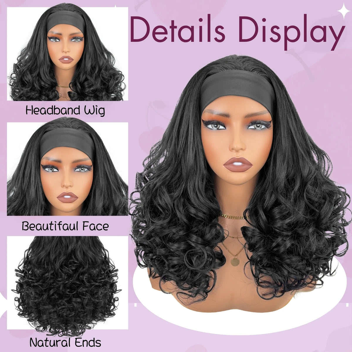 Women's Curly Headband Wig, Natural Black, Synthetic Fiber Headband Wig, Long Curly Wig, Comes with Headband, Non-Lace Front Wig