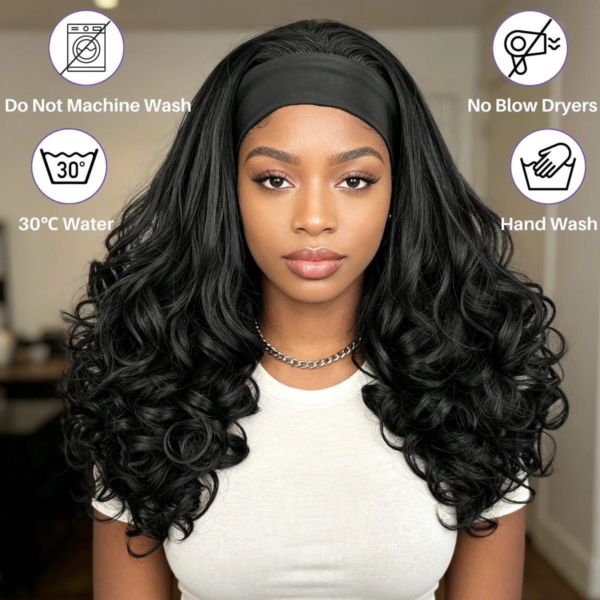 Women's Curly Headband Wig, Natural Black, Synthetic Fiber Headband Wig, Long Curly Wig, Comes with Headband, Non-Lace Front Wig