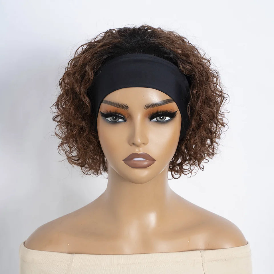 Brown Curly Headband Wig Human Hair Glueless Pixie Cut Wear And Go Elastic Band Natural Soft Curls for Women Daily Use