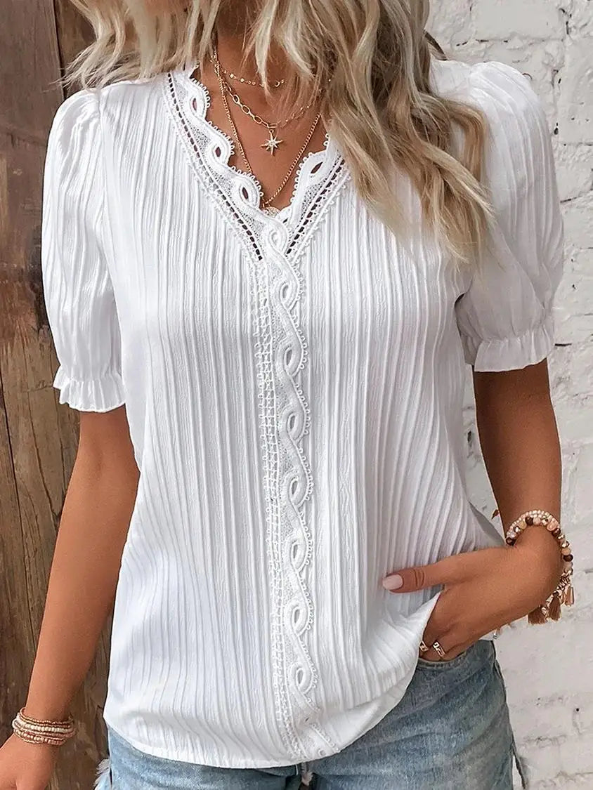 Elegant Lace-Trim V-Neck Pleated Blouse