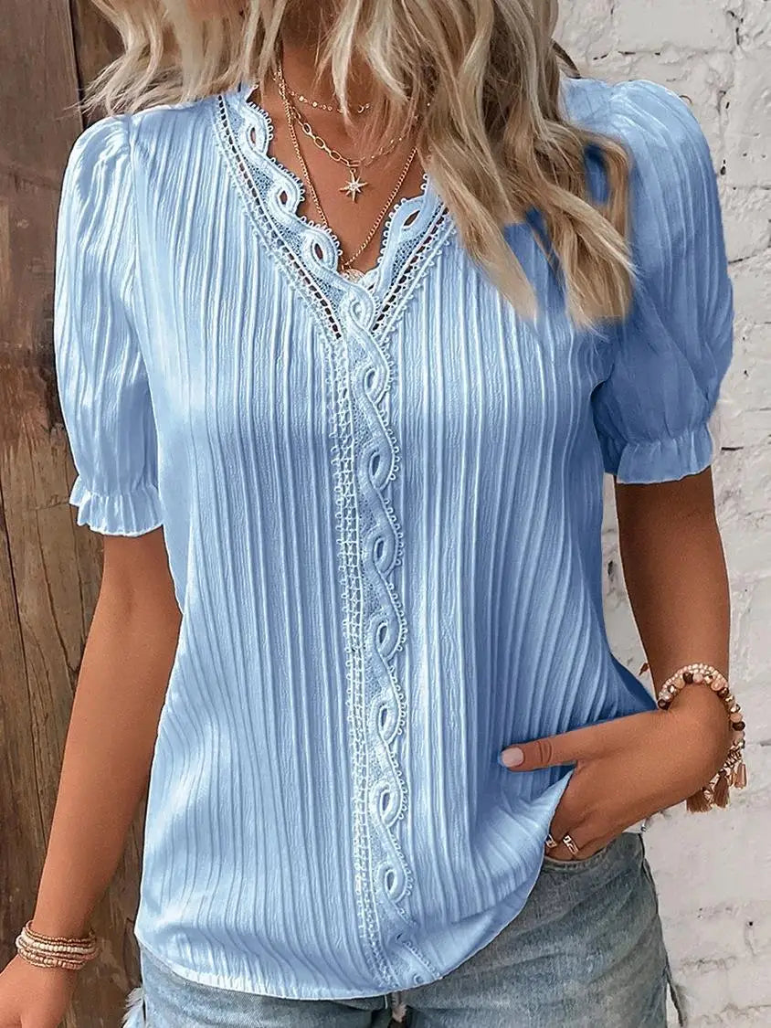 Elegant Lace-Trim V-Neck Pleated Blouse