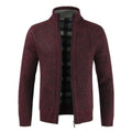 Men’s Burgundy Full-Zip Knit Cardigan with Plaid Trim | BLOOMYX