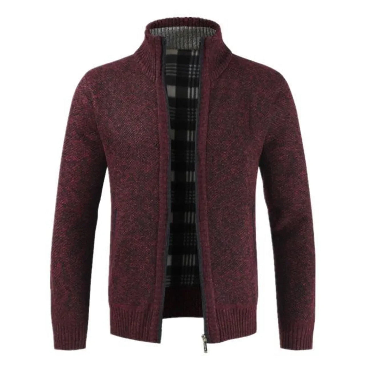 Men’s Burgundy Full-Zip Knit Cardigan with Plaid Trim | BLOOMYX