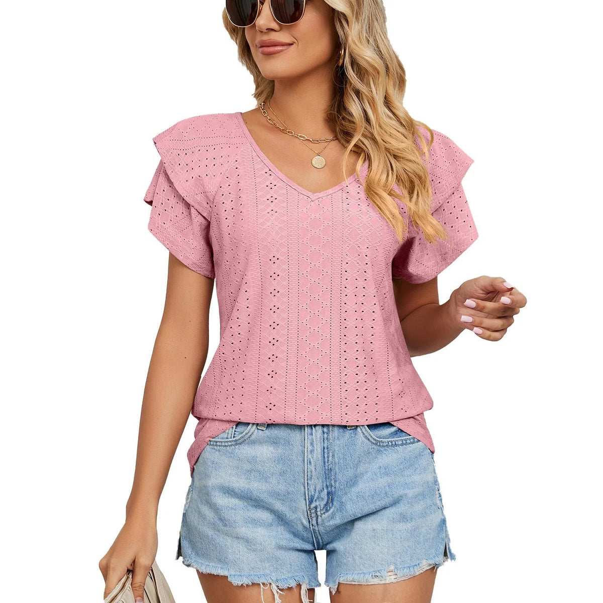 Loose Women's Short Sleeve T-Shirt V-Neck Pure Color Double Layer Sleeve Spring Summer New Style Casual Comfortable Top
