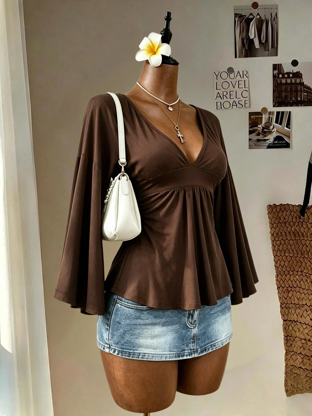 Women Deep V Neck Bell Sleeve Blouse Empire Waist Ruched Peplum Top Loose Fit Casual Flowy Shirt Daily Outfit