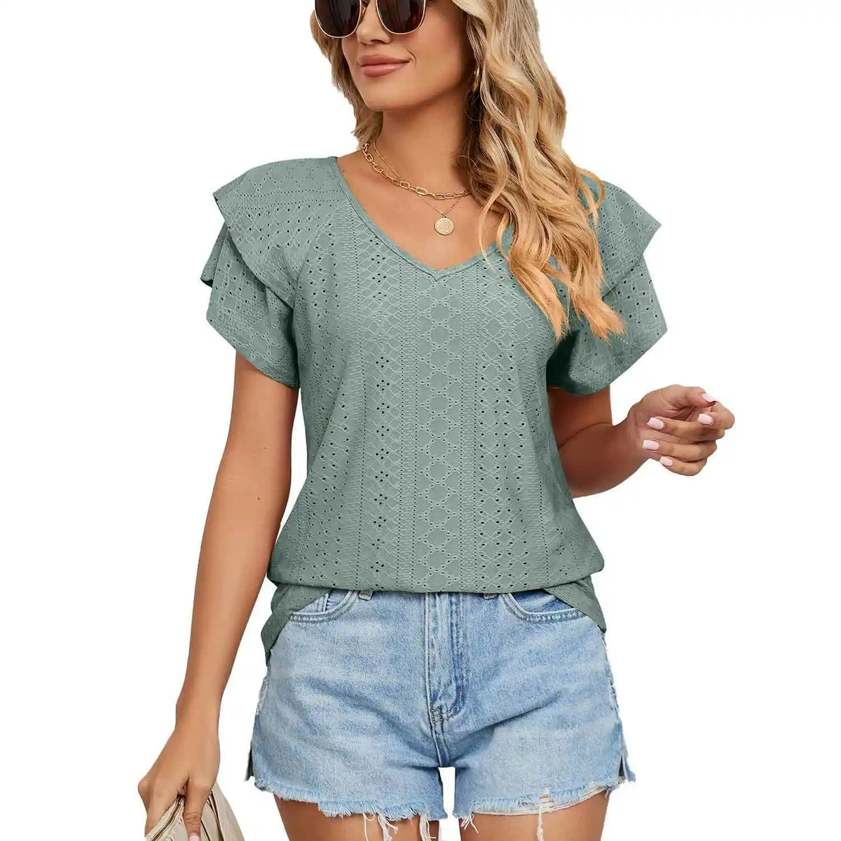 Loose Women's Short Sleeve T-Shirt V-Neck Pure Color Double Layer Sleeve Spring Summer New Style Casual Comfortable Top