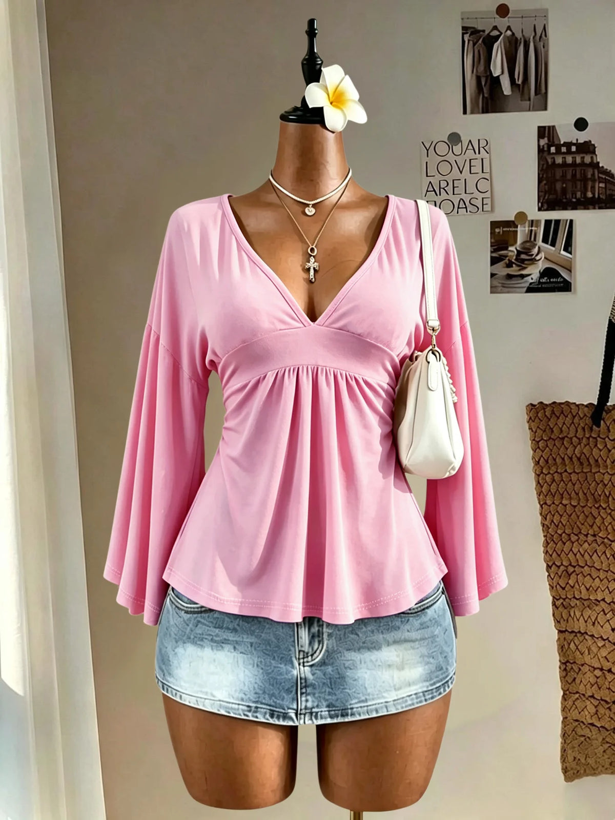 Women Deep V Neck Bell Sleeve Blouse Empire Waist Ruched Peplum Top Loose Fit Casual Flowy Shirt Daily Outfit