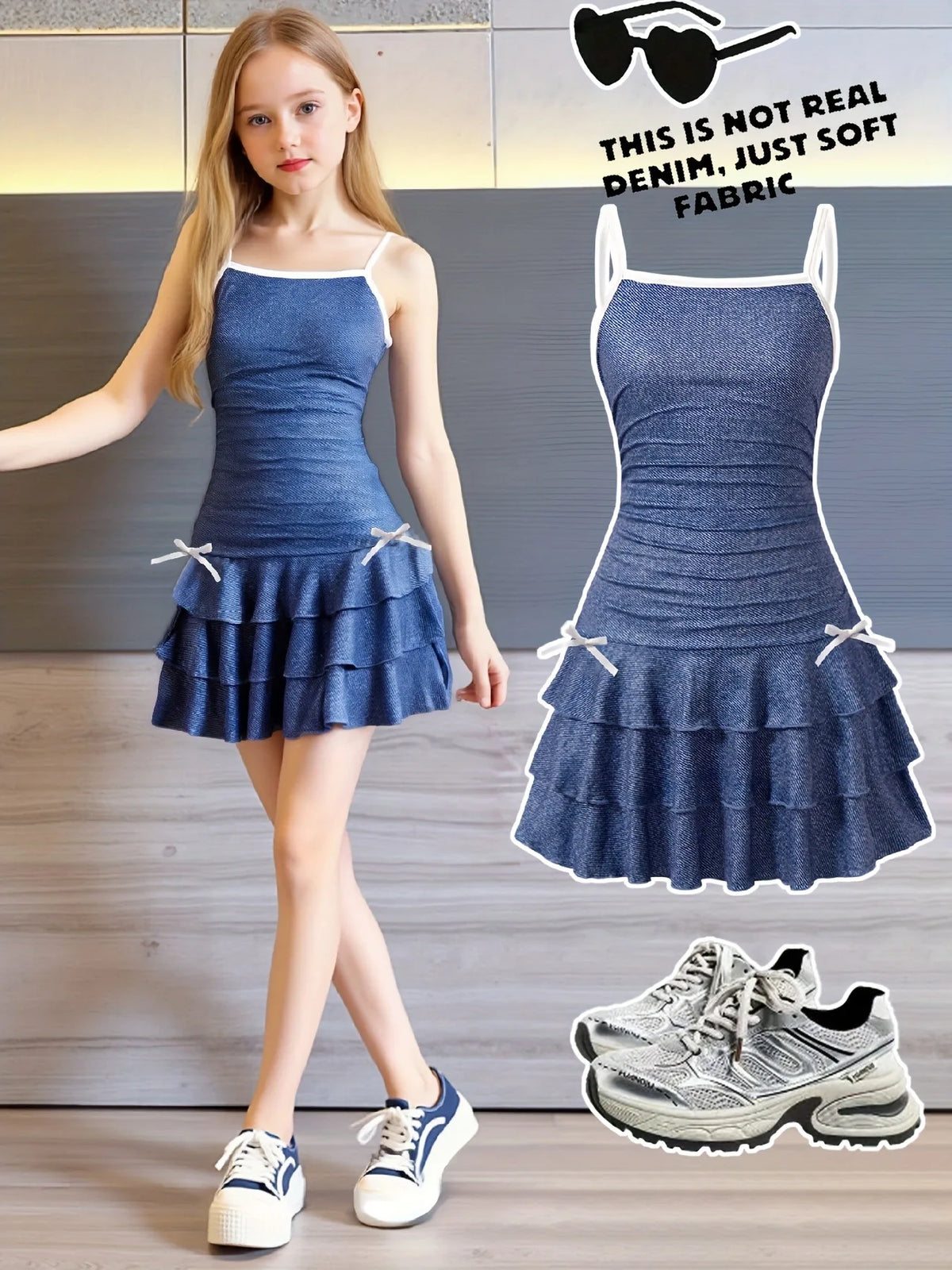 Kids Girls Faux Denim Ruched Cami Dress with Bow Ruffle Hem Y2K Casual Summer Party Mini Dress（Faux Denim）