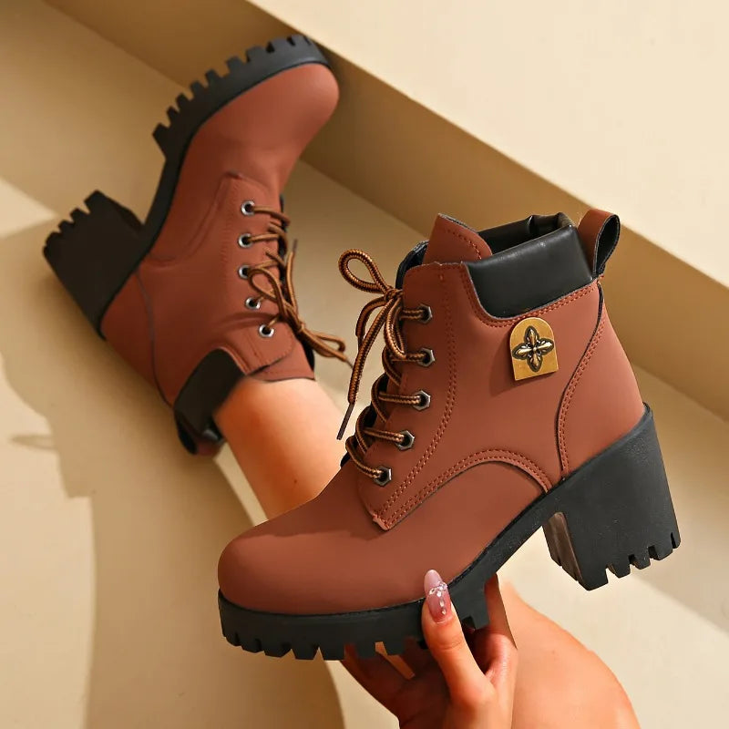 platform winter new Women Heels Boots High Quality Lace-up Fashion Designer Shoes Casual Comfortable Heels Boots Shoes for Women