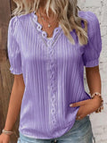 Elegant Lace-Trim V-Neck Pleated Blouse