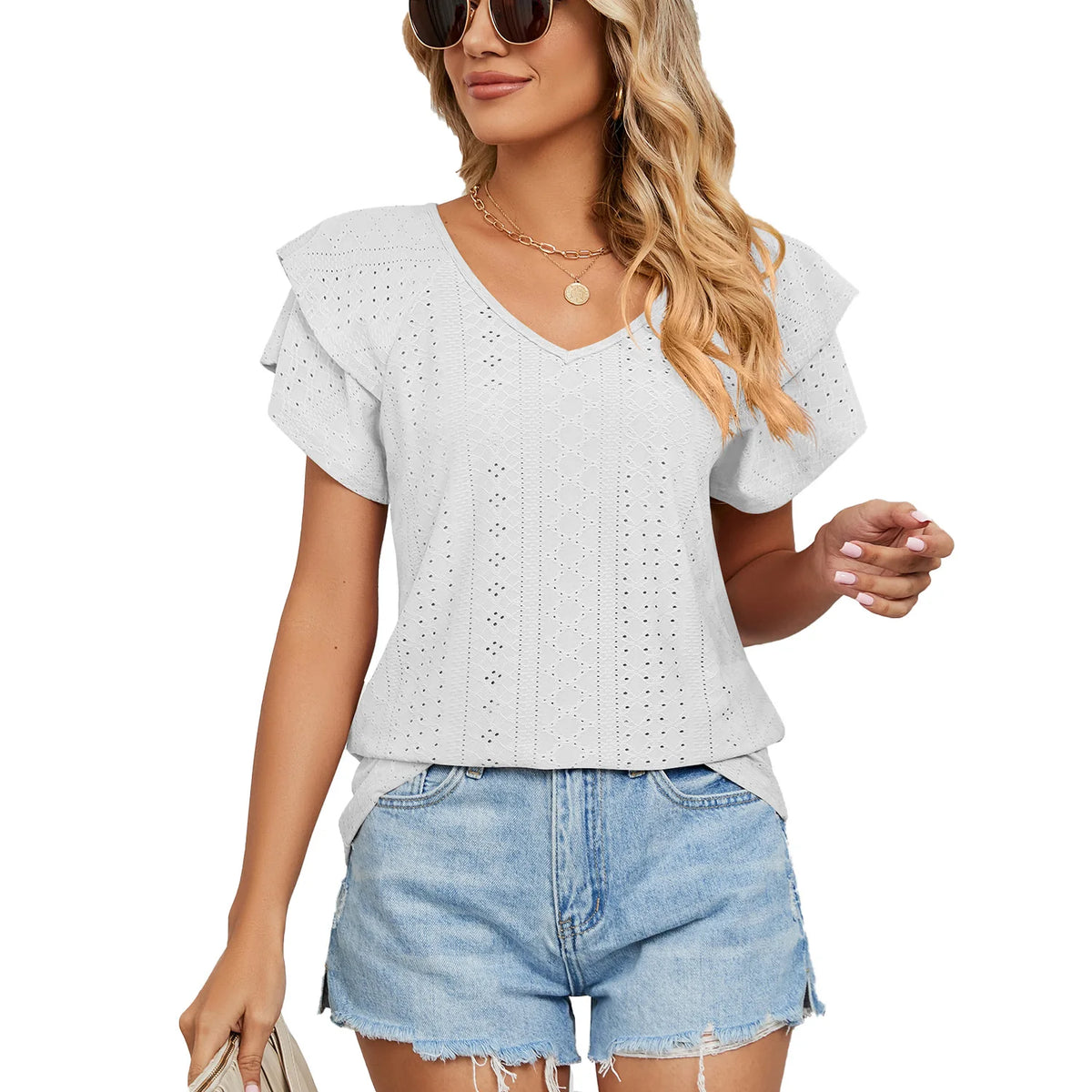 Loose Women's Short Sleeve T-Shirt V-Neck Pure Color Double Layer Sleeve Spring Summer New Style Casual Comfortable Top