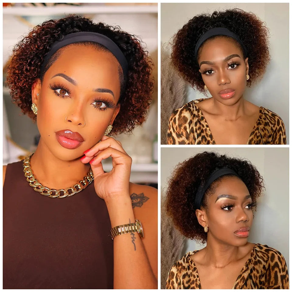 Brown Curly Headband Wig Human Hair Glueless Pixie Cut Wear And Go Elastic Band Natural Soft Curls for Women Daily Use