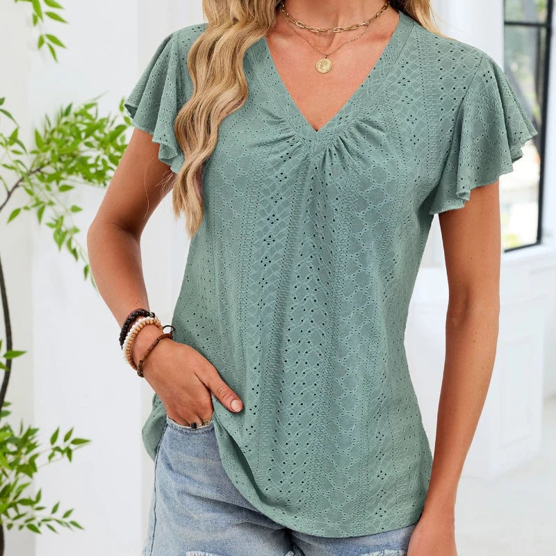 Elegant Eyelet Ruffle-Sleeve V-Neck Blouse