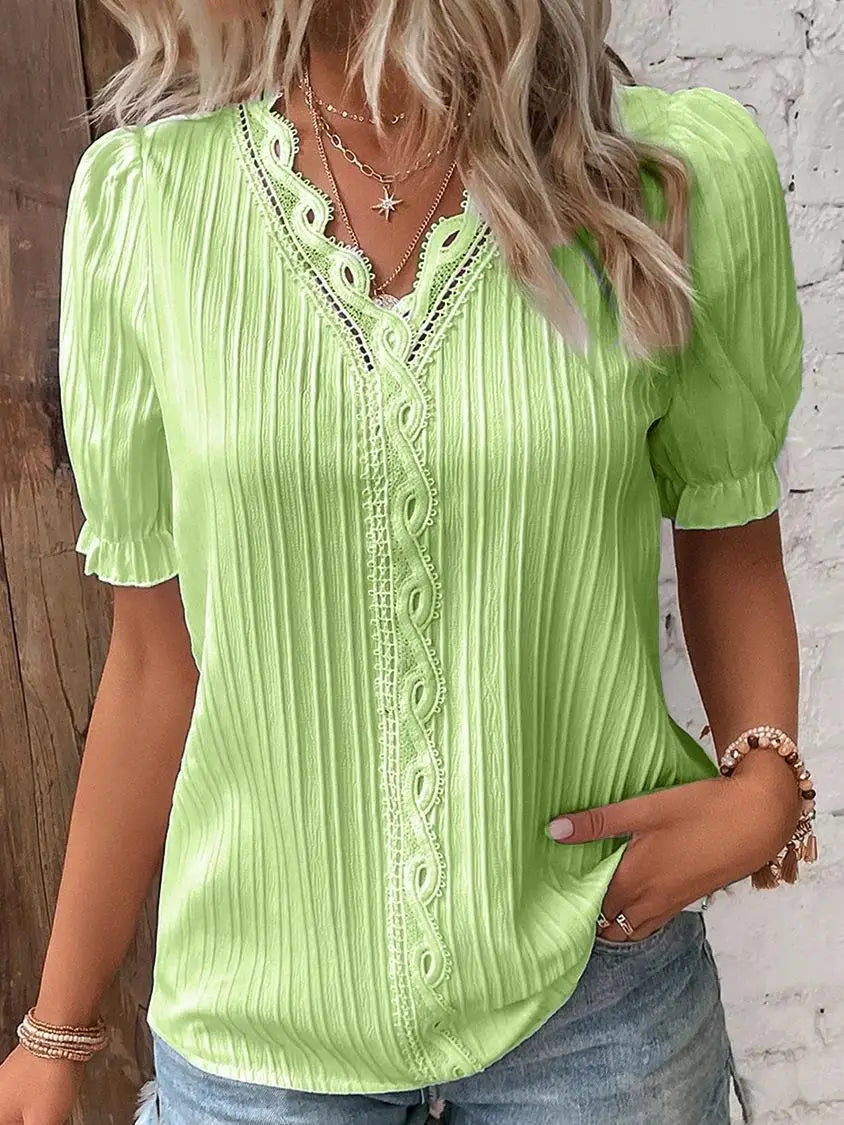 Elegant Lace-Trim V-Neck Pleated Blouse