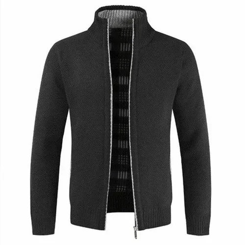 Men’s Burgundy Full-Zip Knit Cardigan with Plaid Trim | BLOOMYX
