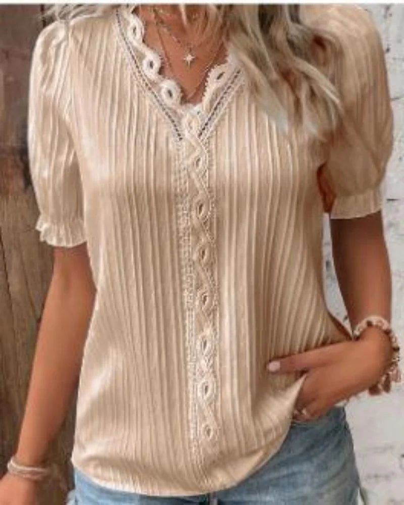 Elegant Lace-Trim V-Neck Pleated Blouse