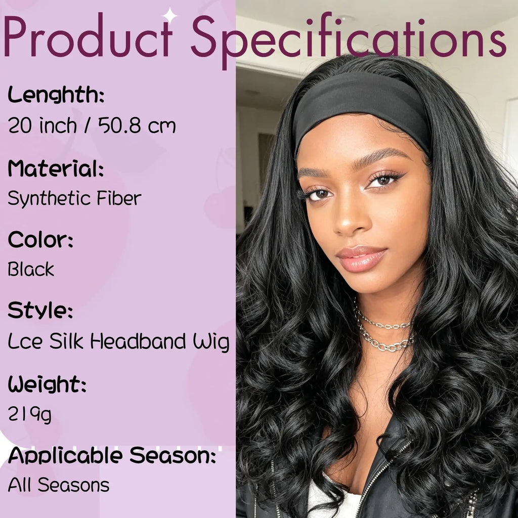 Women's Curly Headband Wig, Natural Black, Synthetic Fiber Headband Wig, Long Curly Wig, Comes with Headband, Non-Lace Front Wig