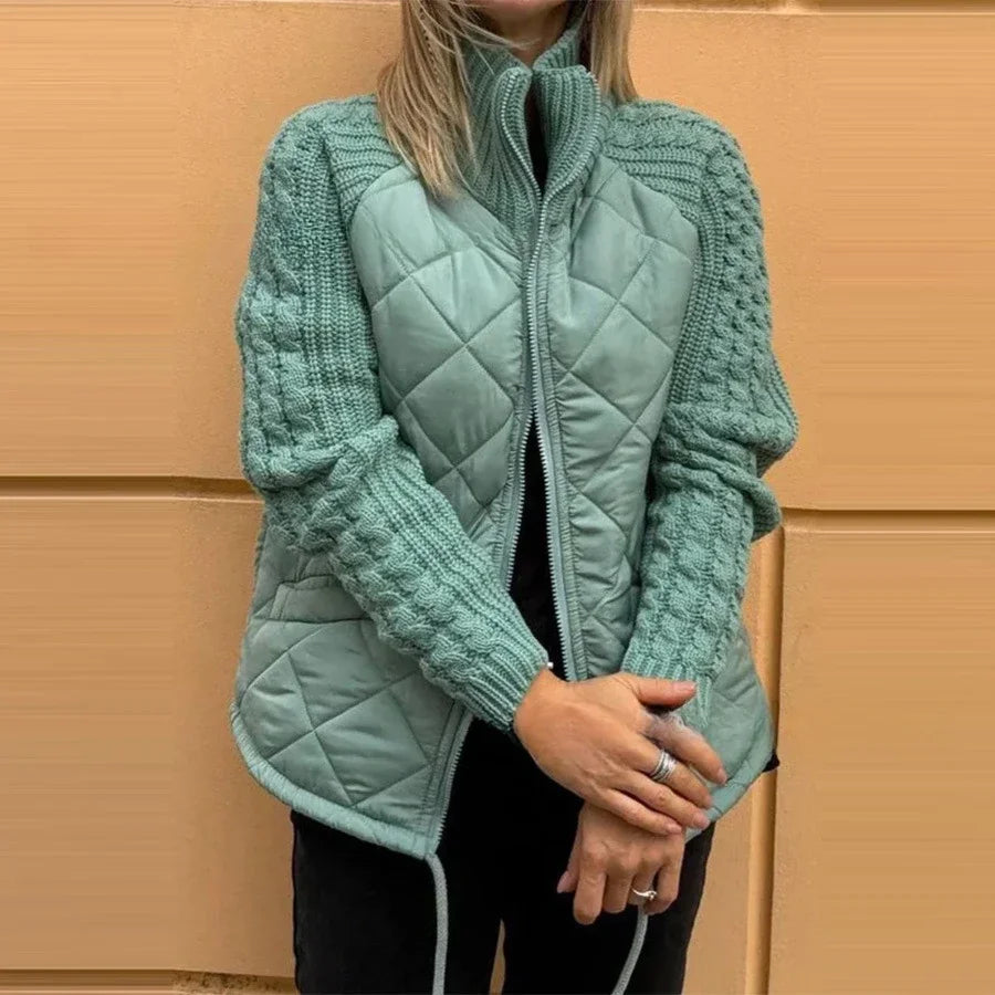 Women Knit Patchwork Puffy Jacket Zipper Stand Collar Cardigan Coat Outwear Long Sleeved Cotton-padded Casual Solid Color Parkas