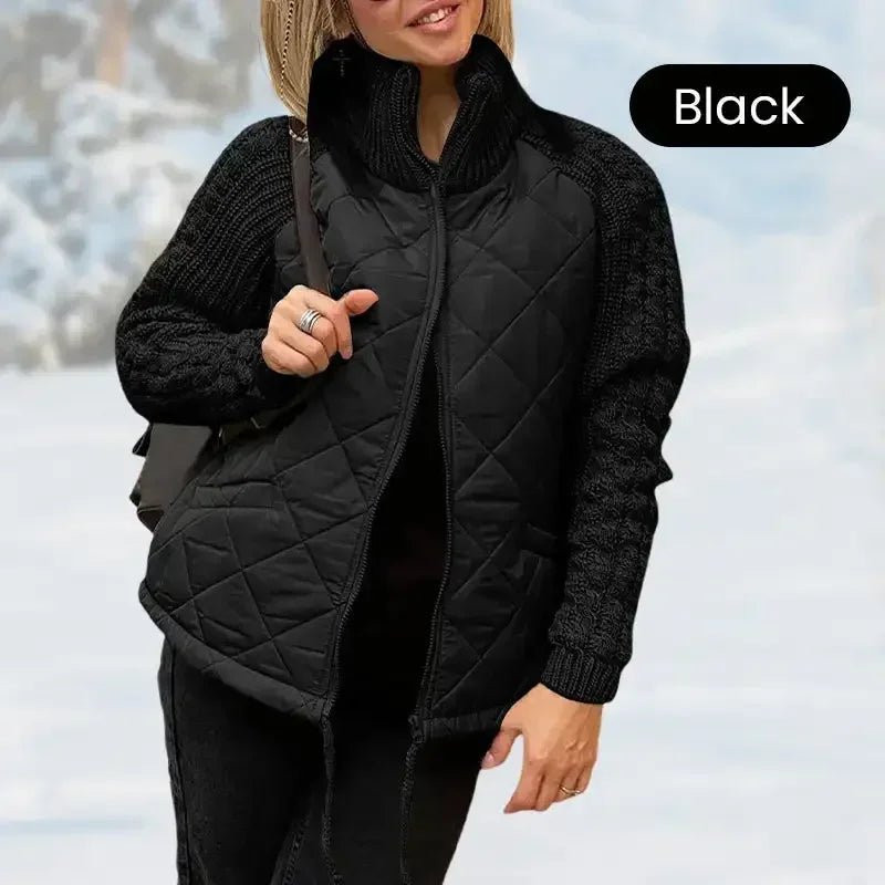 Women Knit Patchwork Puffy Jacket Zipper Stand Collar Cardigan Coat Outwear Long Sleeved Cotton-padded Casual Solid Color Parkas