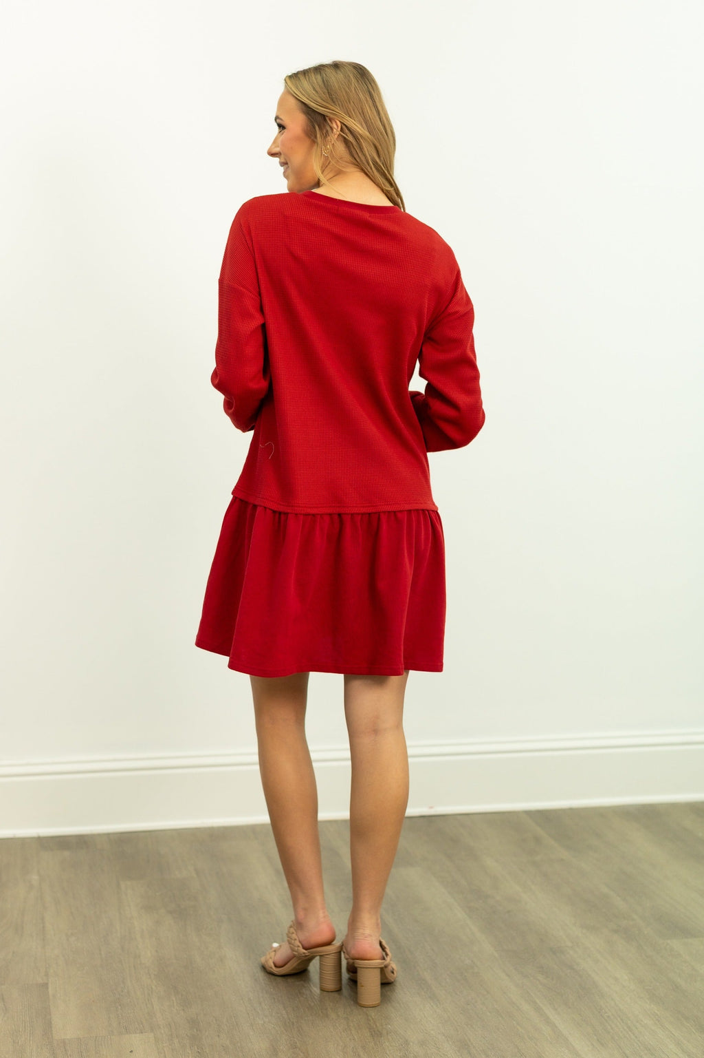 Waffle Knit Long-Sleeve Dress, Red