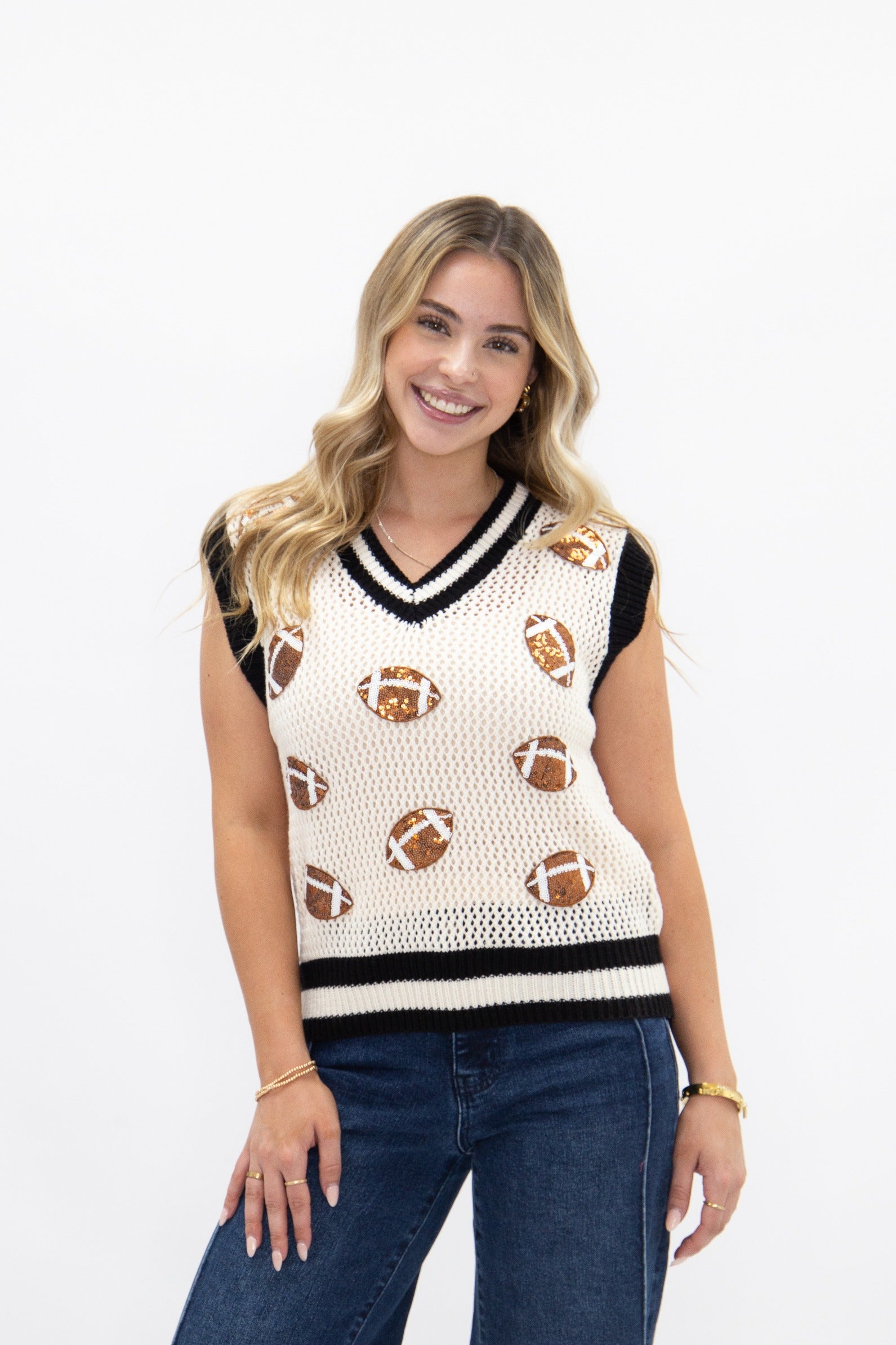 Glitter Football Patches Knit White Vest