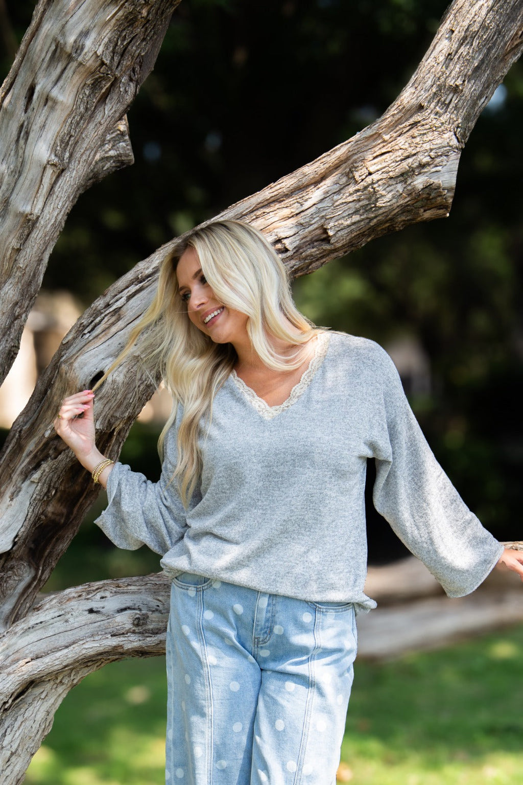 V-Neck Top with Lace Trim, Grey