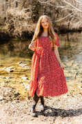 Puff Sleeve Midi Dress, Red Floral