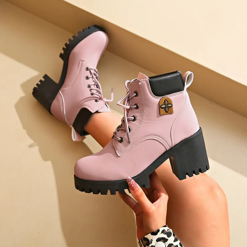 platform winter new Women Heels Boots High Quality Lace-up Fashion Designer Shoes Casual Comfortable Heels Boots Shoes for Women